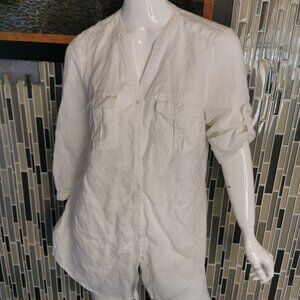 Original Nicole Miller White Linen Button Down 3/4 Sleeve Shirt Size XL 0045